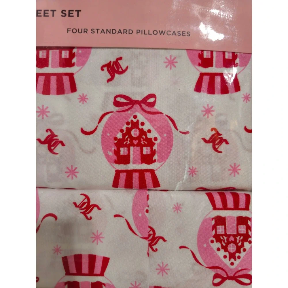 Juicy Couture Christmas Queen Sheet Set Snow Globe Pink White Red Bedding NWT